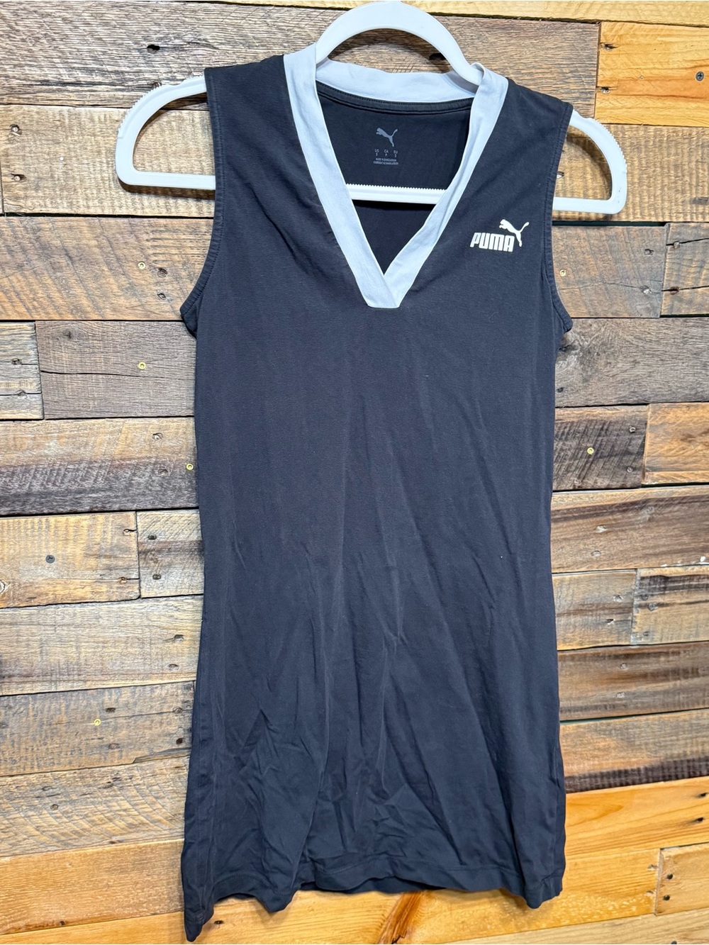 Puma Womens Small Black White Cotton Stretch V Neck Collared Polo Athletic Dress